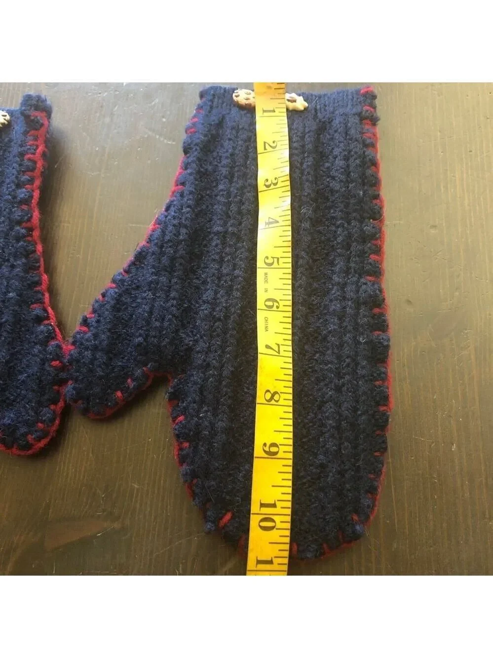 vintage wool mittens cookie buttons hand-stitched trim cottage ski resort alpine